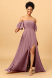 A Line Off the Shoulder Long Chiffon Bridesmaid Dress with Slit