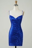 Sparkly Royal Blue Bodycon Spaghetti Straps Sequins Short Homecoming Dress