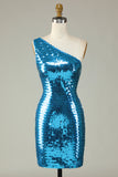Glitter Royal Blue Sheath One Shoulder Sequins Tight Homecoming Dress