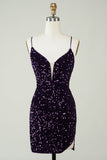 Sparkly Purple Sheath Backless Sequins Tight Short Homecoming Dress with Slit
