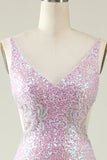 Lilac Sheath V Neck Sequins Long Prom Dress with Split Front