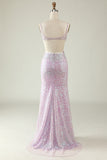 Lilac Sheath V Neck Sequins Long Prom Dress with Split Front