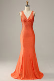 Orange Mermaid V Neck Long Prom Dress with Beading