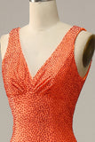 Orange Mermaid V Neck Long Prom Dress with Beading