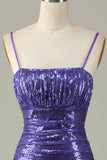 Sparkly Purple Spaghetti Straps Tight Short Homecoming Dress With Sequins