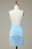 Sparkly Blue Sheath Spaghetti Straps Backless Sequins Short Homecoming Dress