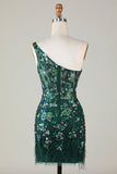 Dark Green Sheath One Shoulder Sequins Short Homecoming Dress with Feather