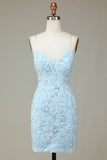 Sparkly Blue Sheath Sequins Beaded Flowers Tight Short Homecoming Dress