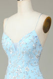 Sparkly Blue Sheath Sequins Beaded Flowers Tight Short Homecoming Dress