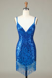Sparkly Blue Bodycon Spaghetti Straps Lace-Up Back Short Homecoming Dress with Beading