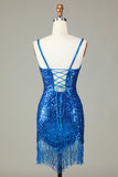 Sparkly Blue Bodycon Spaghetti Straps Lace-Up Back Short Homecoming Dress with Beading