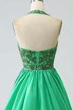 Green Princess A-Line Halter Long Satin Prom Dress with Beading