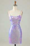 Sparkly Purple Sheath Sequin Backless Tight Short Homecoming Dress