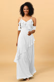 A Line Spaghetti Straps Long Chiffon Bridesmaid Dress with Ruffles