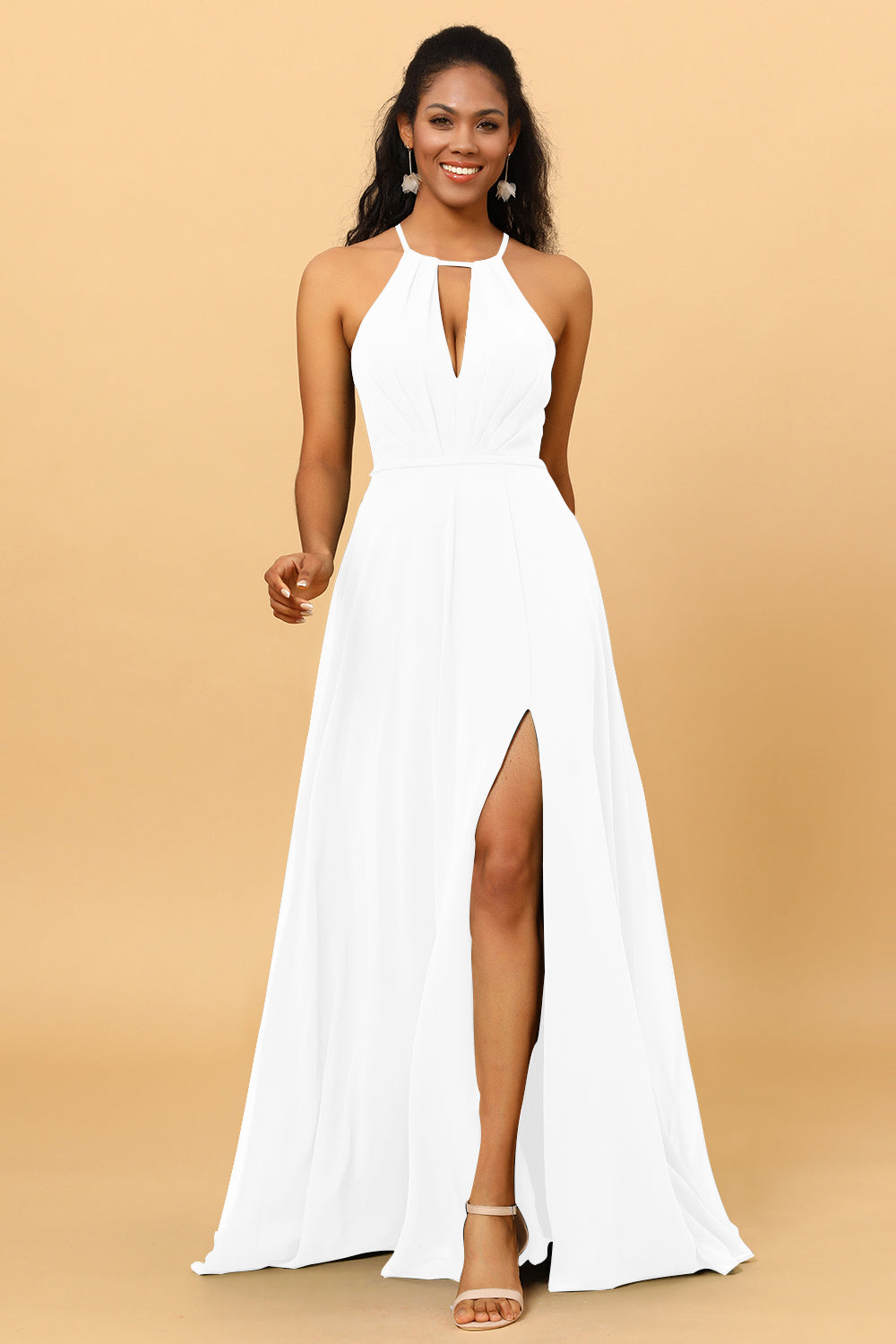 A Line Halter Open Back Long Chiffon Bridesmaid Dress With Slit