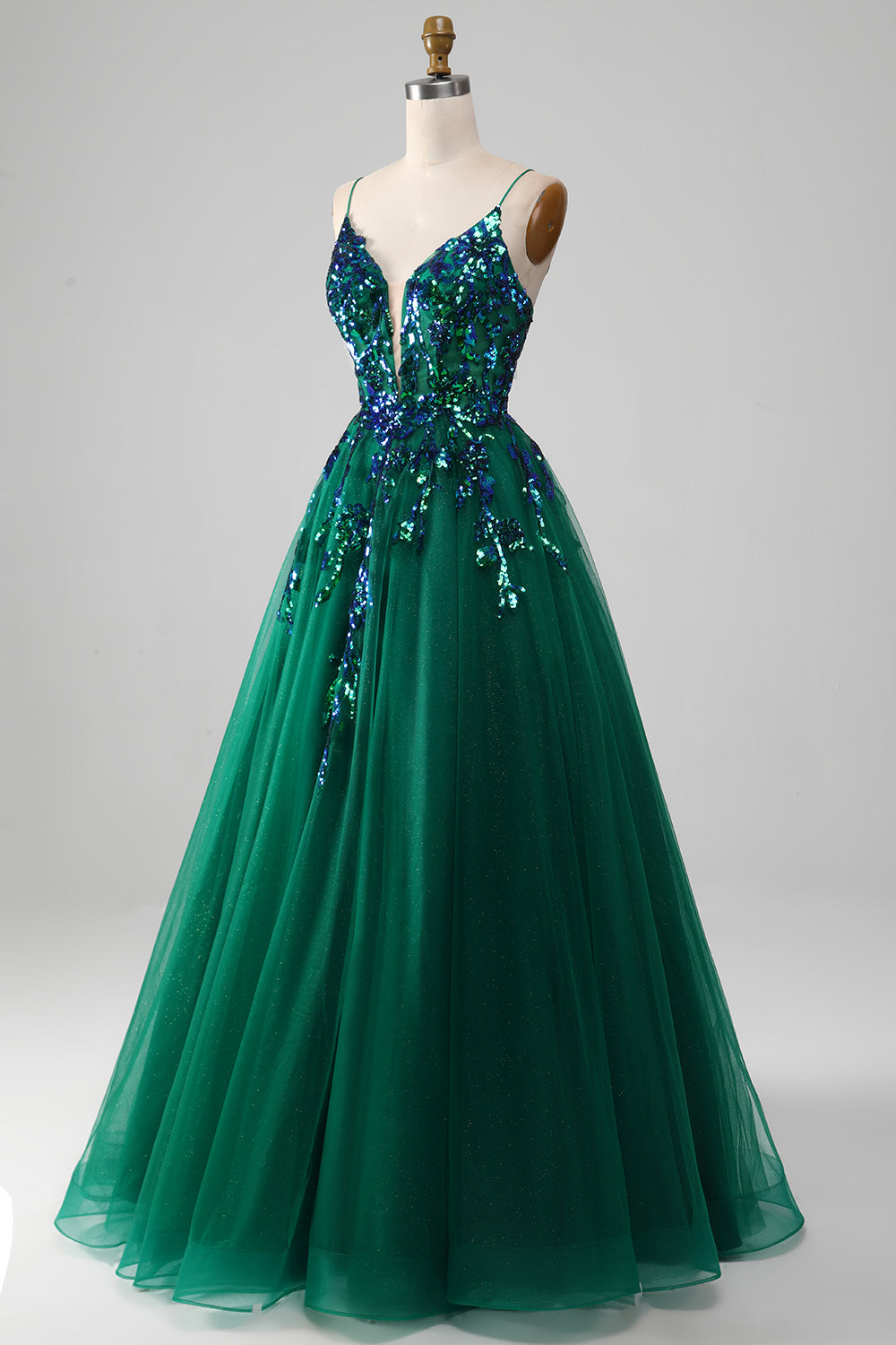 Dark Green Ball-Gown Spaghetti Straps Tulle Prom Dress with Sequins