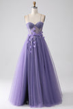 A-Line Spaghetti Straps Corset Purple Prom Dress with 3D Flowers