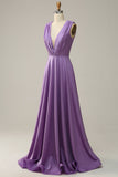 Purple A Line Deep V Neck Sleeveless Long Prom Dress
