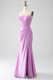 Purple Mermaid Strapless Corset Pleated Prom Dress with Slit