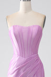 Purple Mermaid Strapless Corset Pleated Prom Dress with Slit