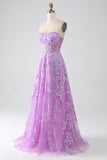 Purple A-Line Strapless Corset Long Prom Dress with Appliques