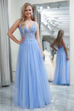 Light Blue A-Line V Neck Tulle Long Prom Dress With Appliques
