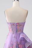 Purple Printed A-Line Sweetheart Strapless Corset Prom Dress With Slit