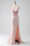 Glitter Pink Mermaid Spaghetti Straps Beaded Prom Dress with Slit
