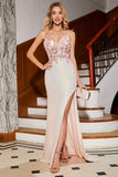 Glitter Pink Mermaid Spaghetti Straps Beaded Prom Dress with Slit