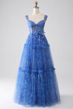 Blue Printed A Line Tulle Corset Long Prom Dress With Appliques