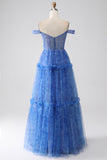 Blue Printed A Line Tulle Corset Long Prom Dress With Appliques