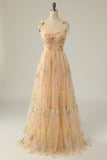 Champagne A Line Spaghetti Straps Tulle Prom Dress With Embroidery