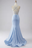 Sparkly Light Blue Mermaid Spaghetti Straps Long Prom Dress with Slit