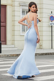 Light Blue Mermaid Spaghetti Straps Corset Prom Dress with Split Front
