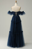 Navy A-Line Off the Shoulder Sweetheart Tulle Long Prom Dress