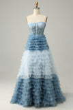 Grey Blue A Line Sweetheart Long Prom Dress with Ruffles