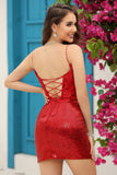 Sparkly Red Sheath Corset Sequins Tight Homecoming Dress with Lace