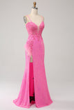 Trendy Pink Mermaid Spaghetti Straps Sequins Long Prom Dress with Appliques