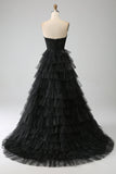 Glitter A-Line Sweetheart Tiered Tulle Corset Long Black Prom Dress with Slit