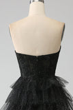 Glitter A-Line Sweetheart Tiered Tulle Corset Long Black Prom Dress with Slit