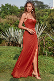 Mermaid Spaghetti Straps Floor-Length Rust Satin Bridesmaid Dress with Split Front