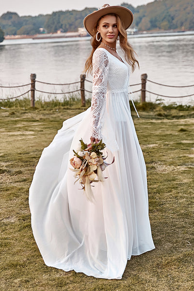 Wedtrend Women Boho Wedding Dress Ivory Lace Chiffon Trumpet Sleeve Beach Bridal Dress, Ivory / US4