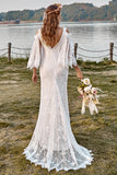 Ivory Mermaid V-Neck Sweep Train Cold Shoulder Lace Boho Wedding Dress