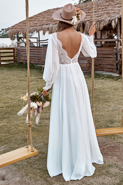 Wedtrend Women Boho Wedding Dress Ivory Lace Chiffon V-Neck Long Sleeve