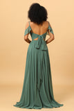 Eucalyptus A Line Spaghetti Straps Long Chiffon Bridesmaid Dress With Slit