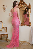 Fuchsia Bodycon Sequin One Shoulder Sparkly Long Prom Dress with Slit