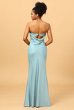 Sky Blue Mermaid Strapless Floor Length Satin Bridesmaid Dress with Open Back