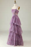 Purple A Line Spaghetti Straps Tiered Printed Corset Long Prom Dress