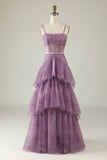 Purple A Line Spaghetti Straps Tiered Printed Corset Long Prom Dress