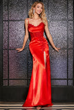 Stunning Red Mermaid Spaghetti Straps Corset Beaded Prom Dress with Slit